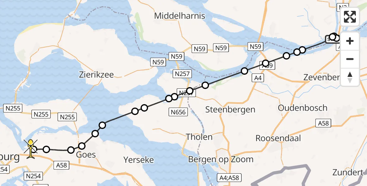 Routekaart van de vlucht: Kustwachthelikopter naar Vliegveld Midden-Zeeland, Rijksstraatweg