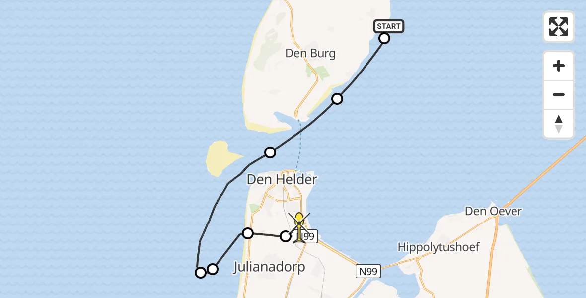 Routekaart van de vlucht: Kustwachthelikopter naar Vliegveld De Kooy, Minkewaal