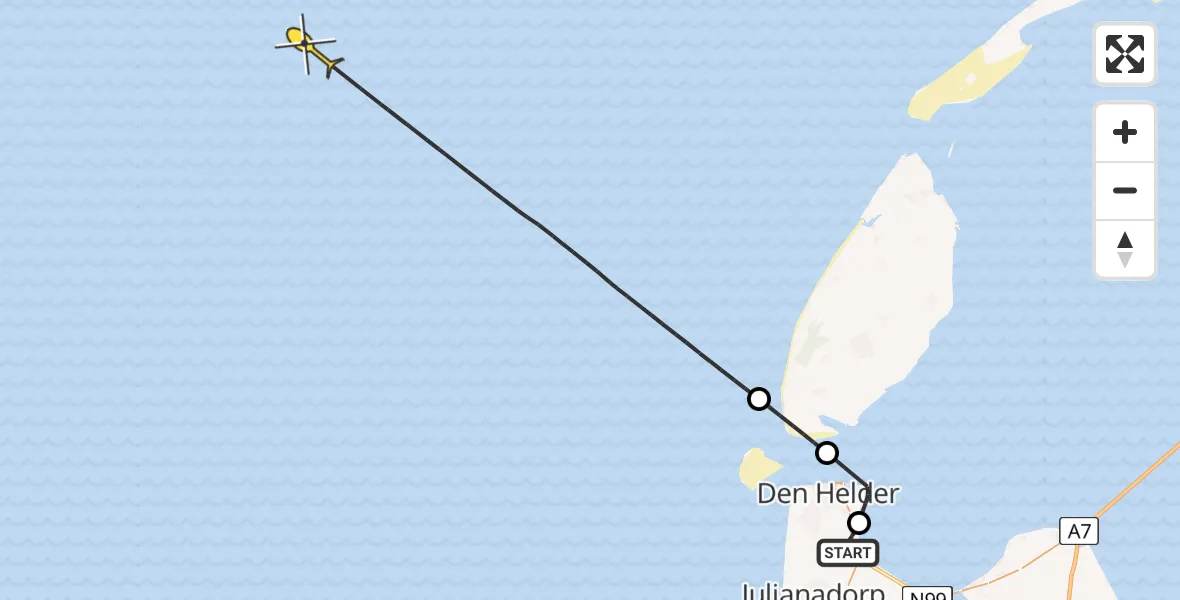 Routekaart van de vlucht: Kustwachthelikopter naar Oostoeverweg