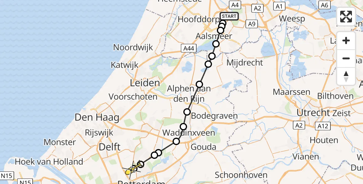 Routekaart van de vlucht: Politieheli naar Rotterdam The Hague Airport, Kraayveldstraat