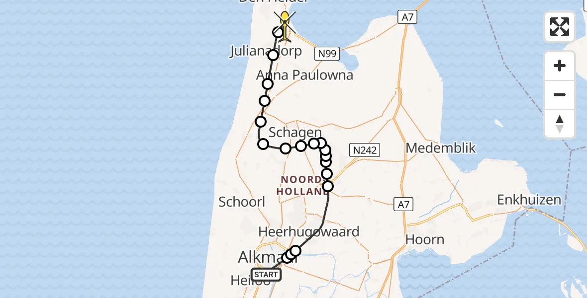 Routekaart van de vlucht: Kustwachthelikopter naar Vliegveld De Kooy, Ommering