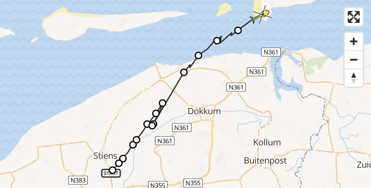 Routekaart van de vlucht: Ambulanceheli naar Schiermonnikoog, De Wier