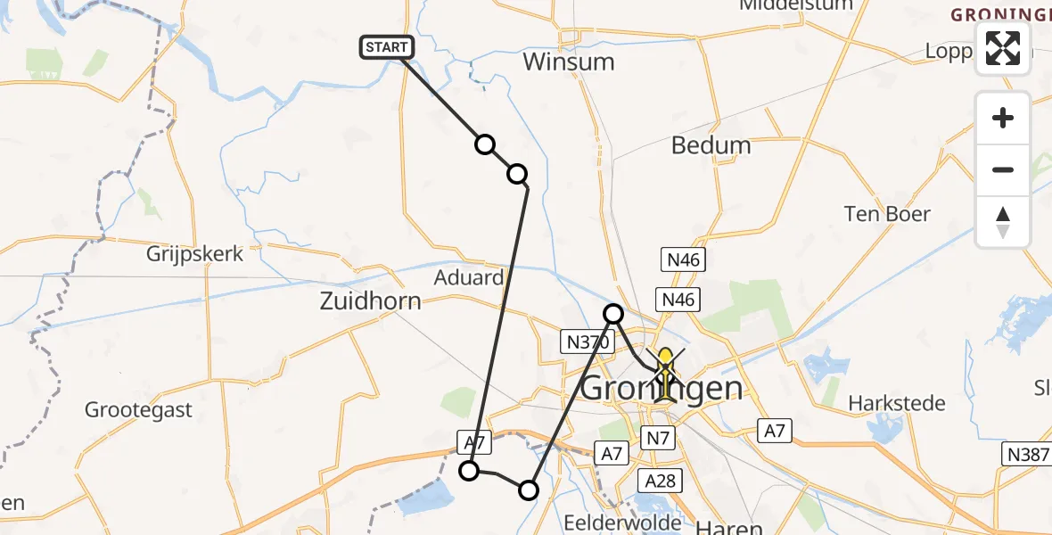 Routekaart van de vlucht: Ambulanceheli naar Universitair Medisch Centrum Groningen, Meedenerweg