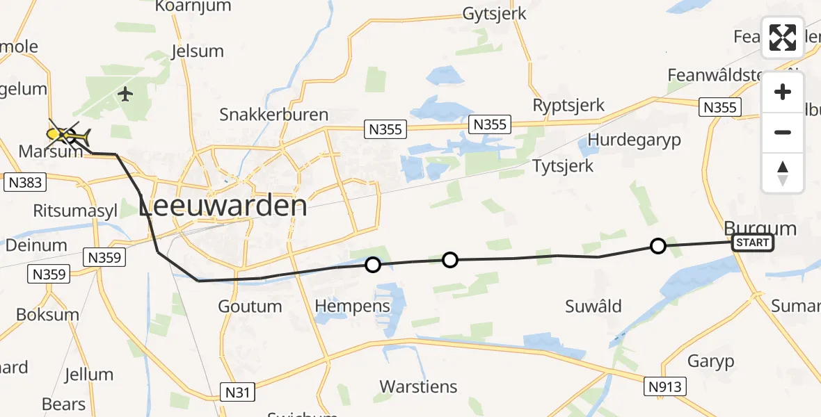 Routekaart van de vlucht: Ambulancehelikopter naar Marsum, De Warren