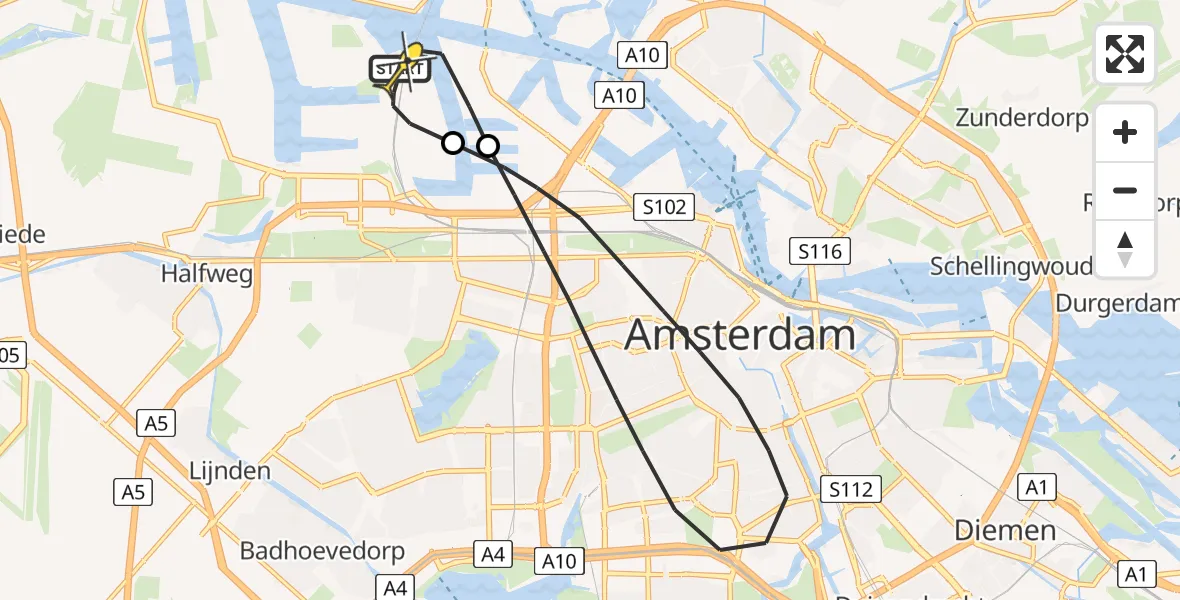 Routekaart van de vlucht: Lifeliner 1 naar Amsterdam Heliport, Kompasweg