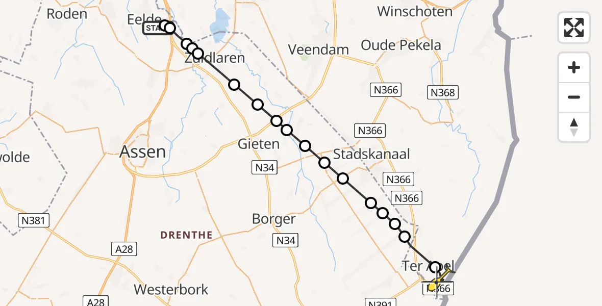 Routekaart van de vlucht: Lifeliner 4 naar Ter Apel, Burgemeester J.G. Legroweg