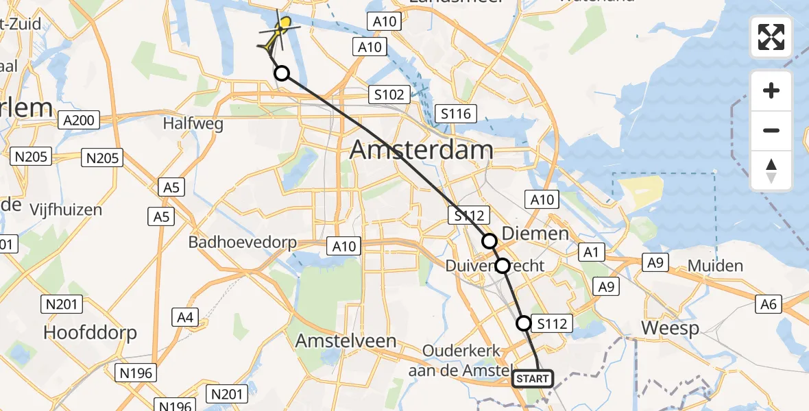 Routekaart van de vlucht: Lifeliner 1 naar Amsterdam Heliport, Nieuwersluishof