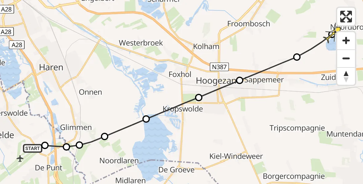 Routekaart van de vlucht: Lifeliner 4 naar Noordbroek, Burgemeester J.G. Legroweg