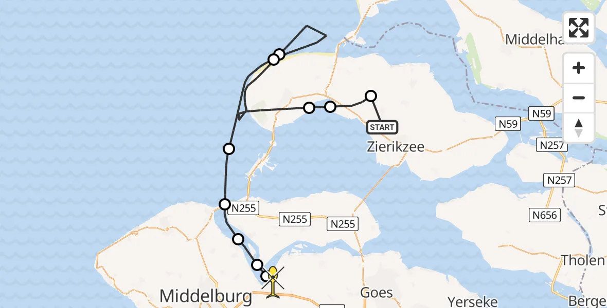 Routekaart van de vlucht: Kustwachthelikopter naar Vliegveld Midden-Zeeland, Taaijersweg