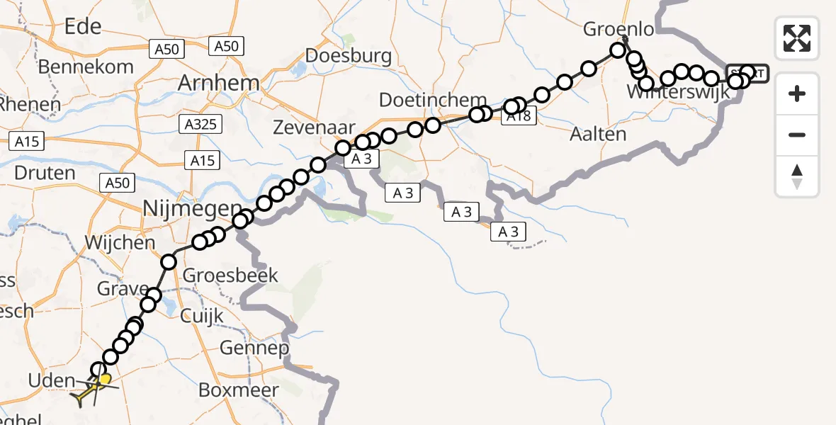 Routekaart van de vlucht: Politieheli naar Vliegbasis Volkel, Kommiezenpad