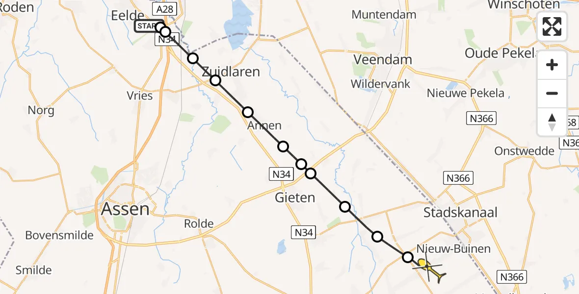 Routekaart van de vlucht: Lifeliner 4 naar Nieuw-Buinen, Burgemeester J.G. Legroweg