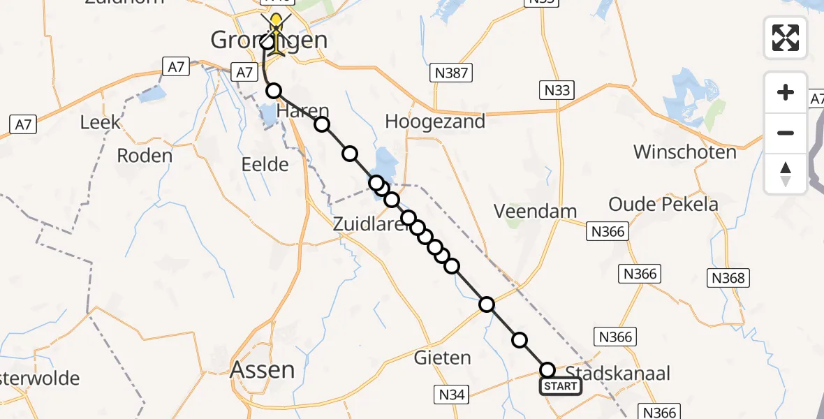 Routekaart van de vlucht: Lifeliner 4 naar Universitair Medisch Centrum Groningen, Noordzijde