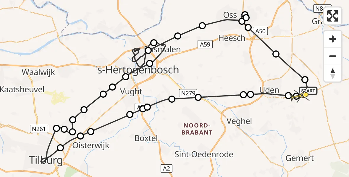 Routekaart van de vlucht: Politieheli naar Vliegbasis Volkel, Trentse Bossen