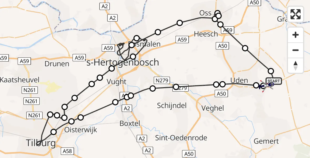 Vluchtroute Politiehelikopter van Vliegbasis Volkel naar Vliegbasis Volkel