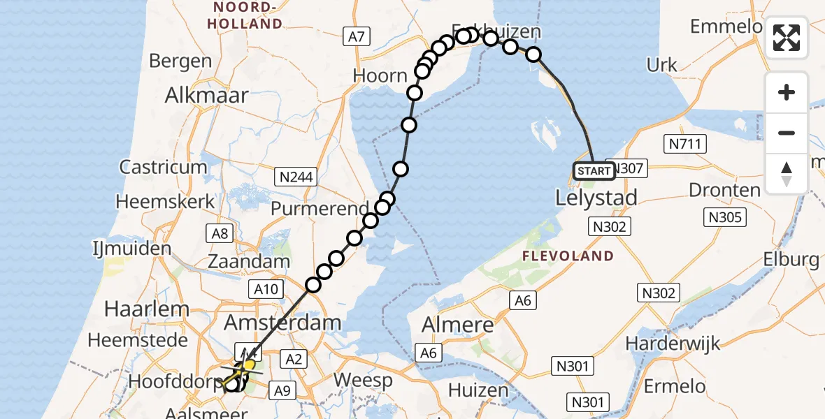 Routekaart van de vlucht: Politieheli naar Schiphol, IJsselmeer