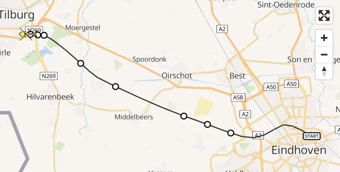 Routekaart van de vlucht: Lifeliner 3 naar Tilburg, Europalaan