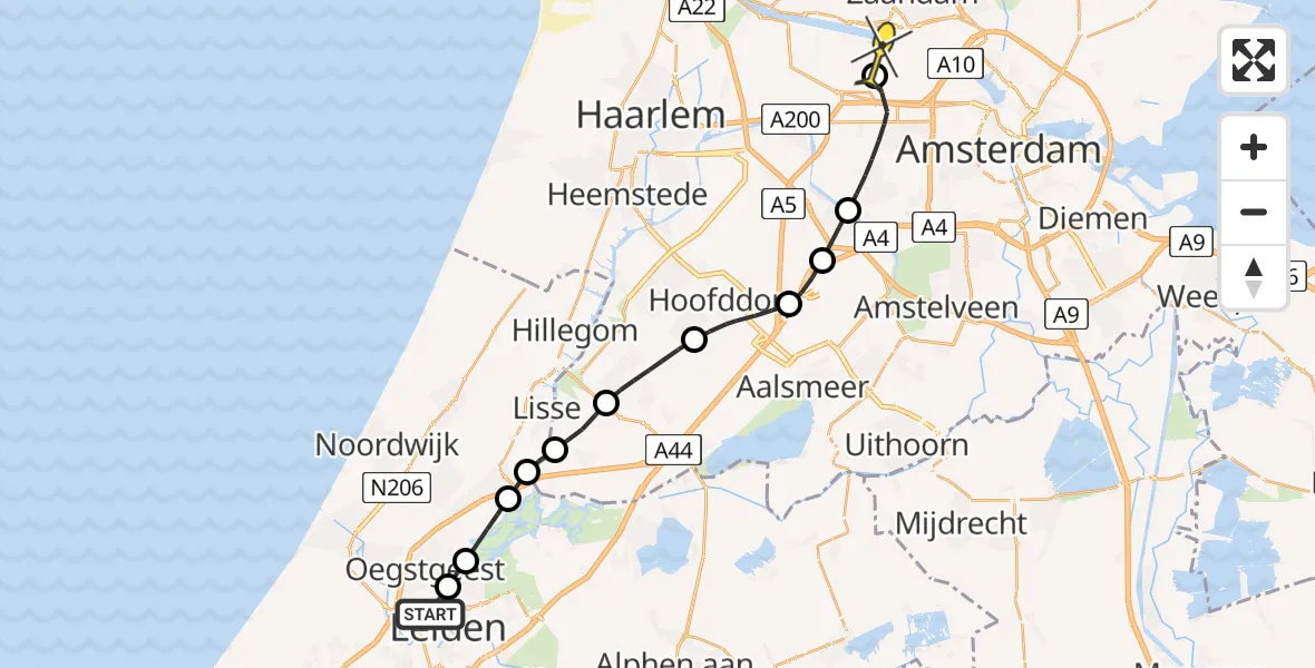 Routekaart van de vlucht: Lifeliner 1 naar Amsterdam Heliport, Vennemeerbrug