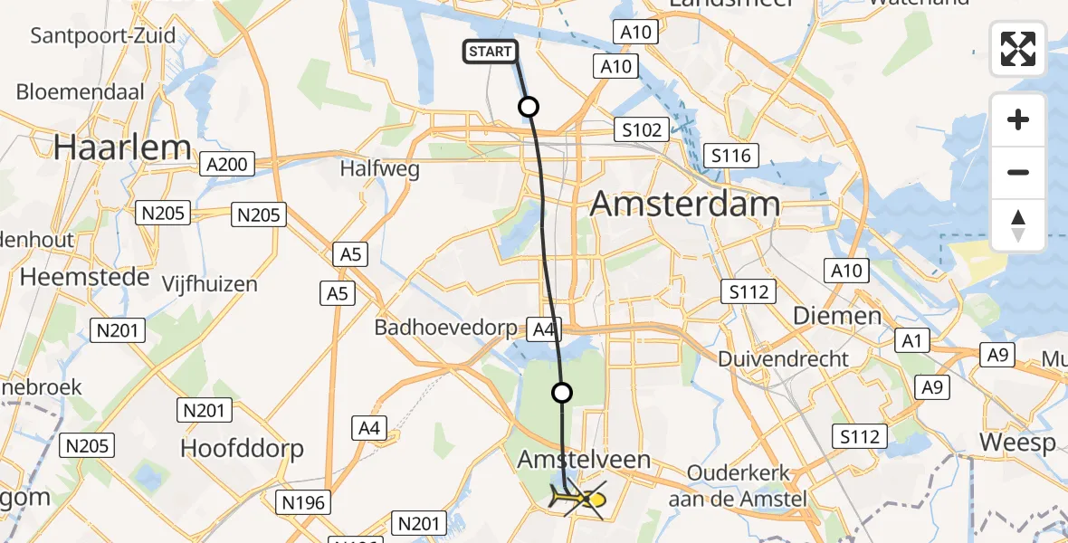 Routekaart van de vlucht: Lifeliner 1 naar Amstelveen, Westhaven