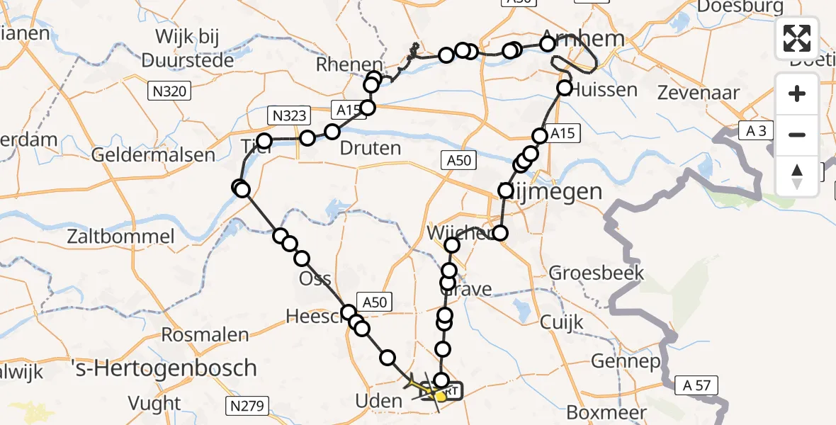 Routekaart van de vlucht: Politieheli naar Vliegbasis Volkel, Beemdsteeg