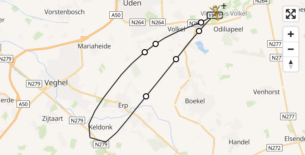 Vluchtroute Traumahelikopter van Vliegbasis Volkel naar Vliegbasis Volkel