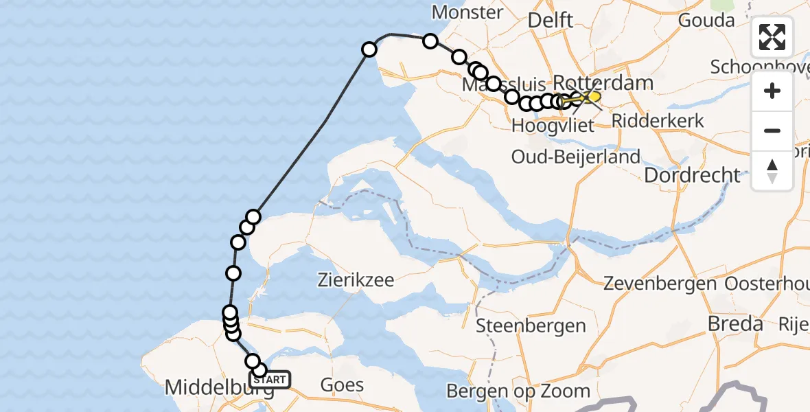 Routekaart van de vlucht: Kustwachthelikopter naar Rotterdam, Oranjeplaatweg