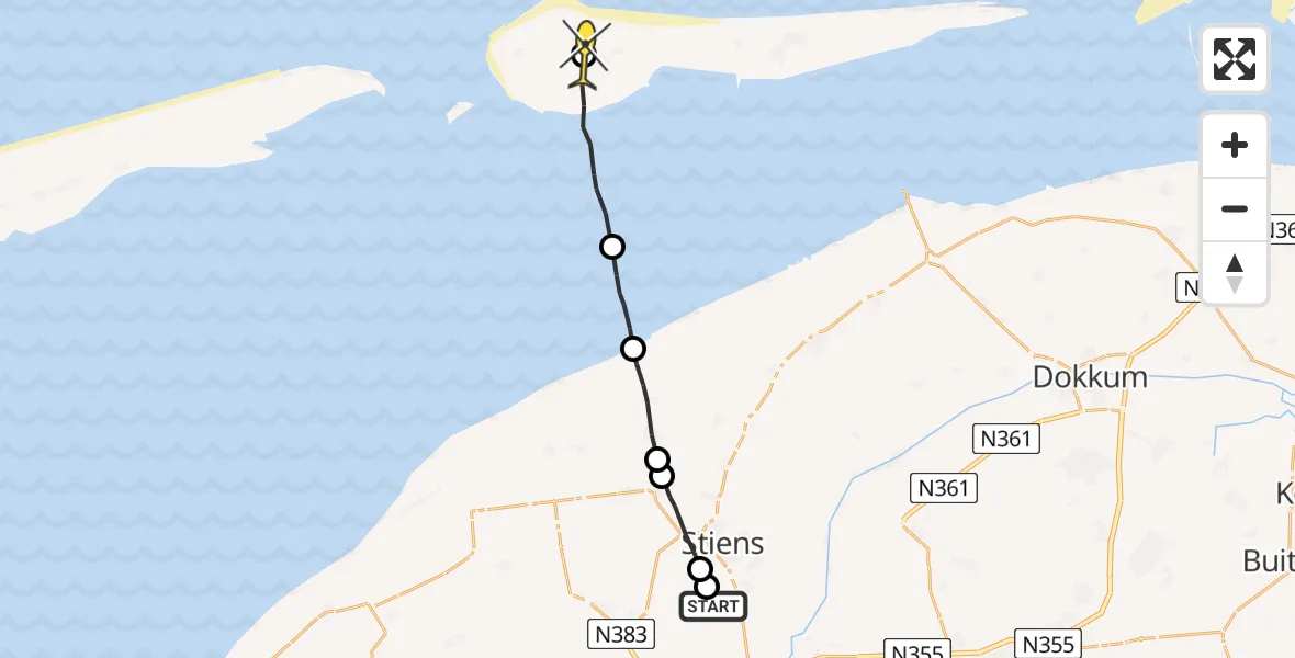 Routekaart van de vlucht: Ambulanceheli naar Ameland Airport Ballum, Brédyk