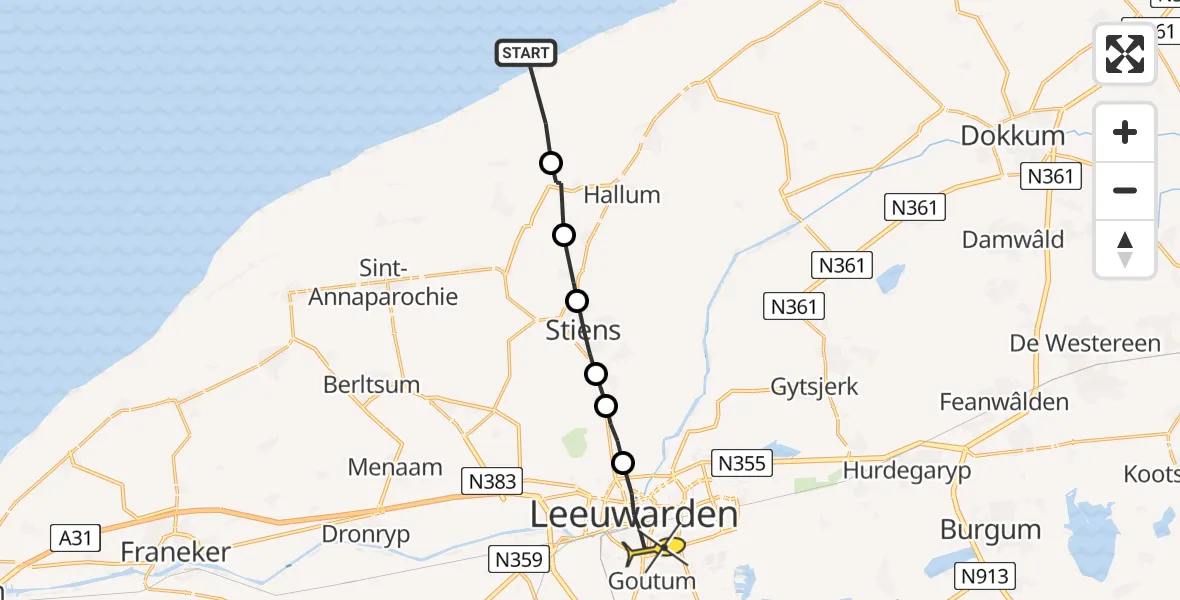 Routekaart van de vlucht: Ambulanceheli naar Leeuwarden, Noorderleeg