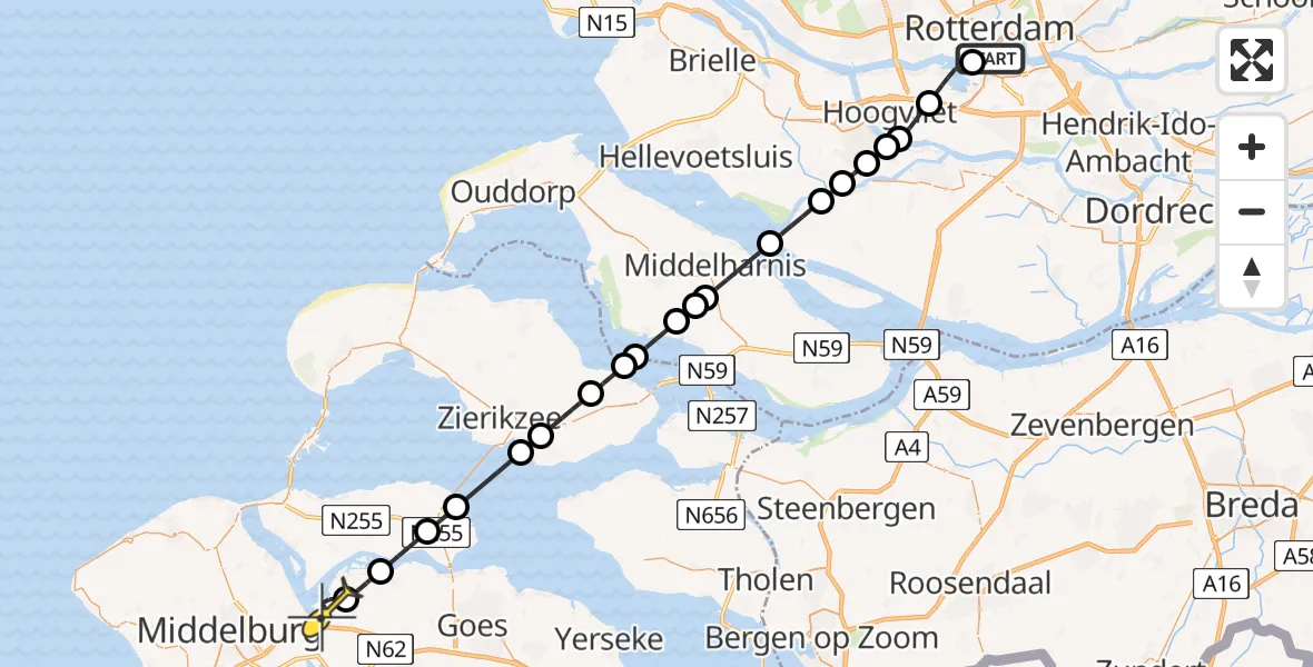 Routekaart van de vlucht: Kustwachthelikopter naar Vliegveld Midden-Zeeland, Robbenoordsehaven