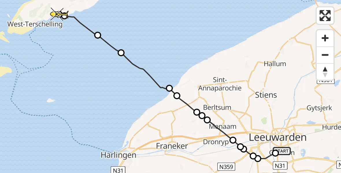 Routekaart van de vlucht: Ambulanceheli naar Kinnum, Middelseefeart