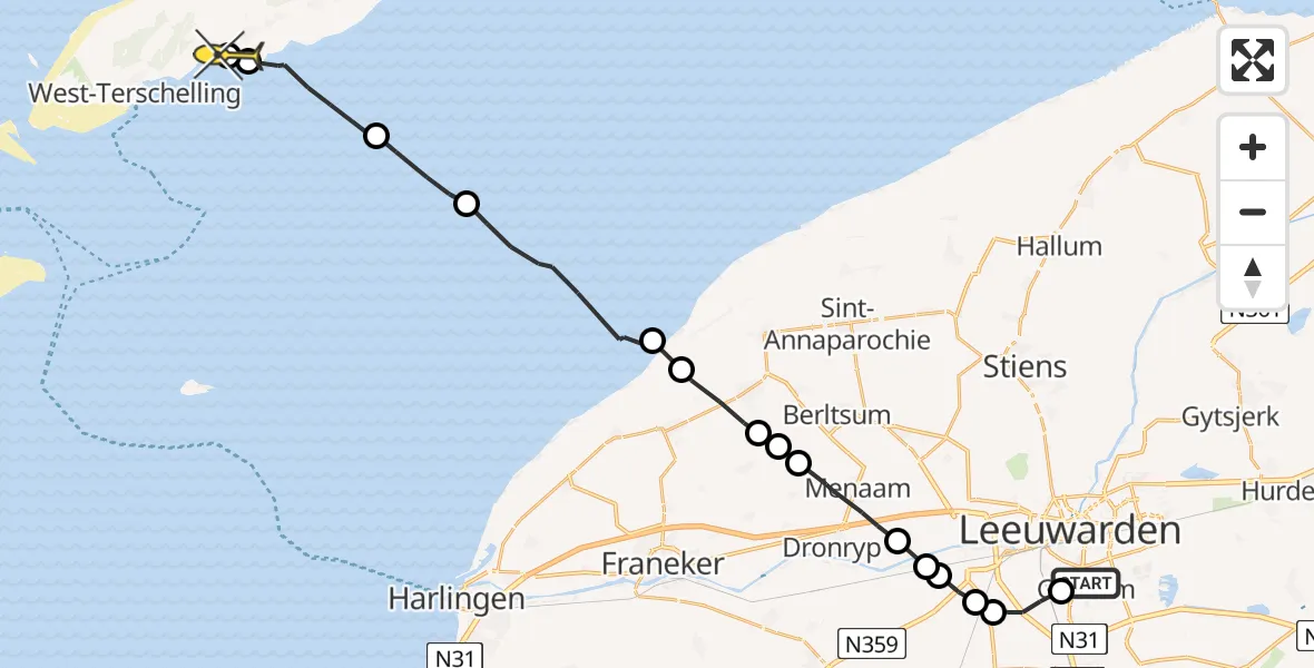 Routekaart van de vlucht: Ambulancehelikopter naar Kinnum, Middelseefeart