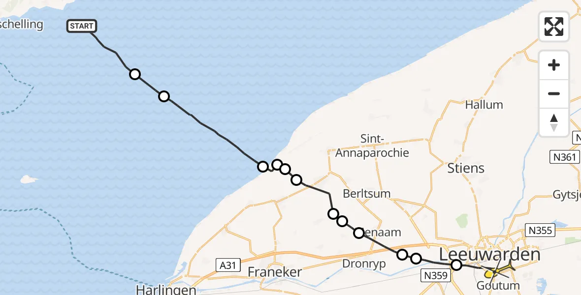 Routekaart van de vlucht: Ambulanceheli naar Leeuwarden, Aldlânsdyk