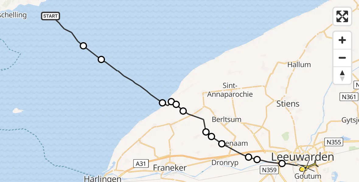 Routekaart van de vlucht: Ambulancehelikopter naar Leeuwarden, Aldlânsdyk