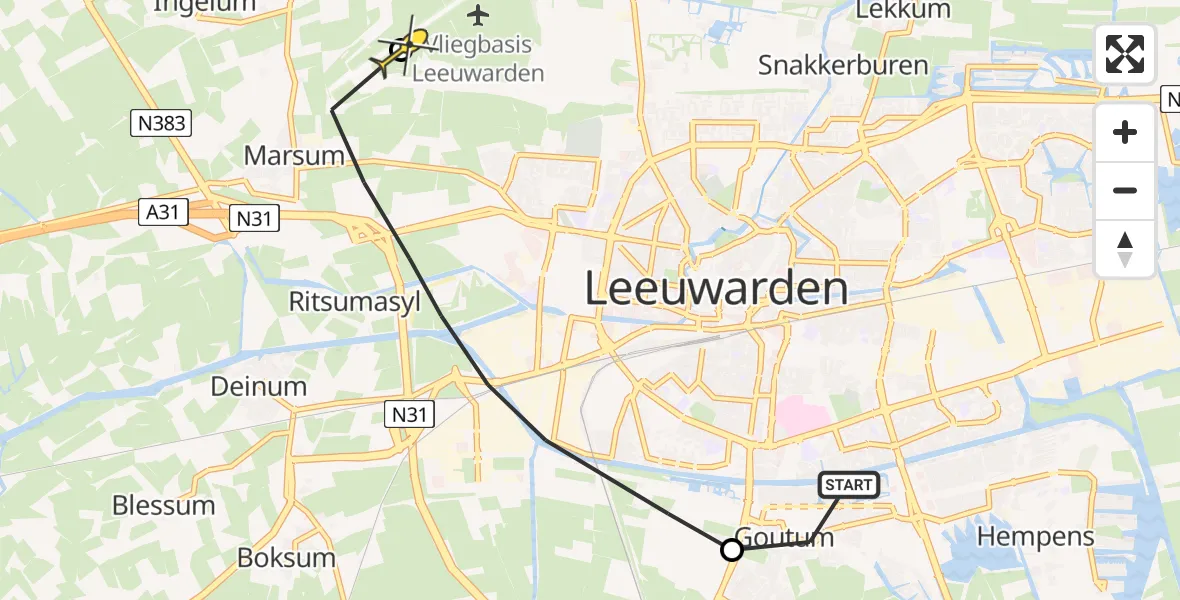 Routekaart van de vlucht: Ambulancehelikopter naar Vliegbasis Leeuwarden, Overijsselseweg