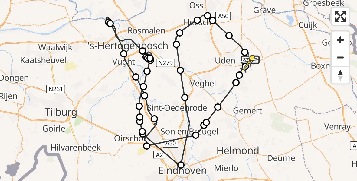 Routekaart van de vlucht: Politieheli naar Vliegbasis Volkel, Millsebaan