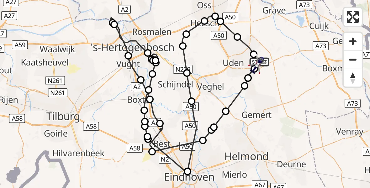 Vluchtroute Politiehelikopter van Vliegbasis Volkel naar Vliegbasis Volkel