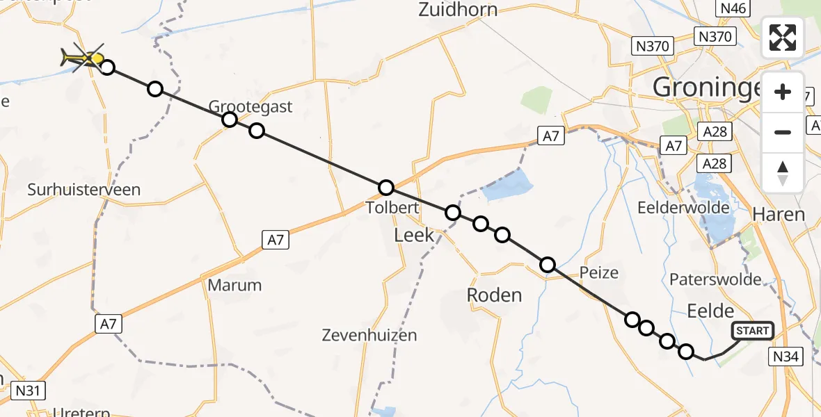 Routekaart van de vlucht: Lifeliner 4 naar Augustinusga, Veldkampweg