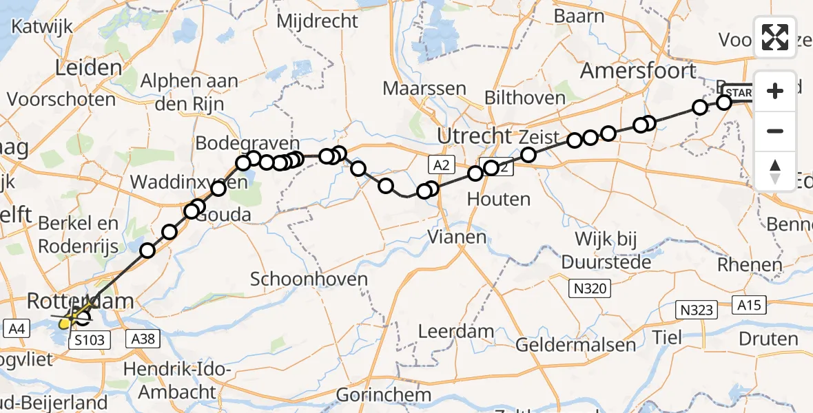 Routekaart van de vlucht: Politieheli naar Erasmus MC, Briellaerdseweg