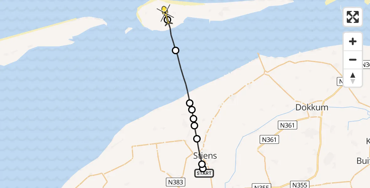 Routekaart van de vlucht: Ambulancehelikopter naar Ameland Airport Ballum, Skrédyk