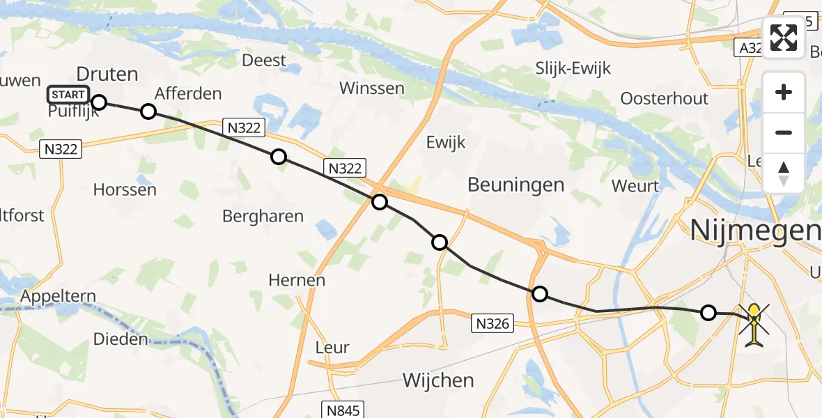 Routekaart van de vlucht: Lifeliner 3 naar Radboud Universitair Medisch Centrum, Schipleisingel