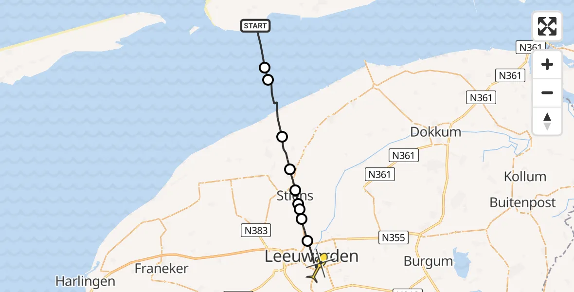 Routekaart van de vlucht: Ambulanceheli naar Leeuwarden, Molengat