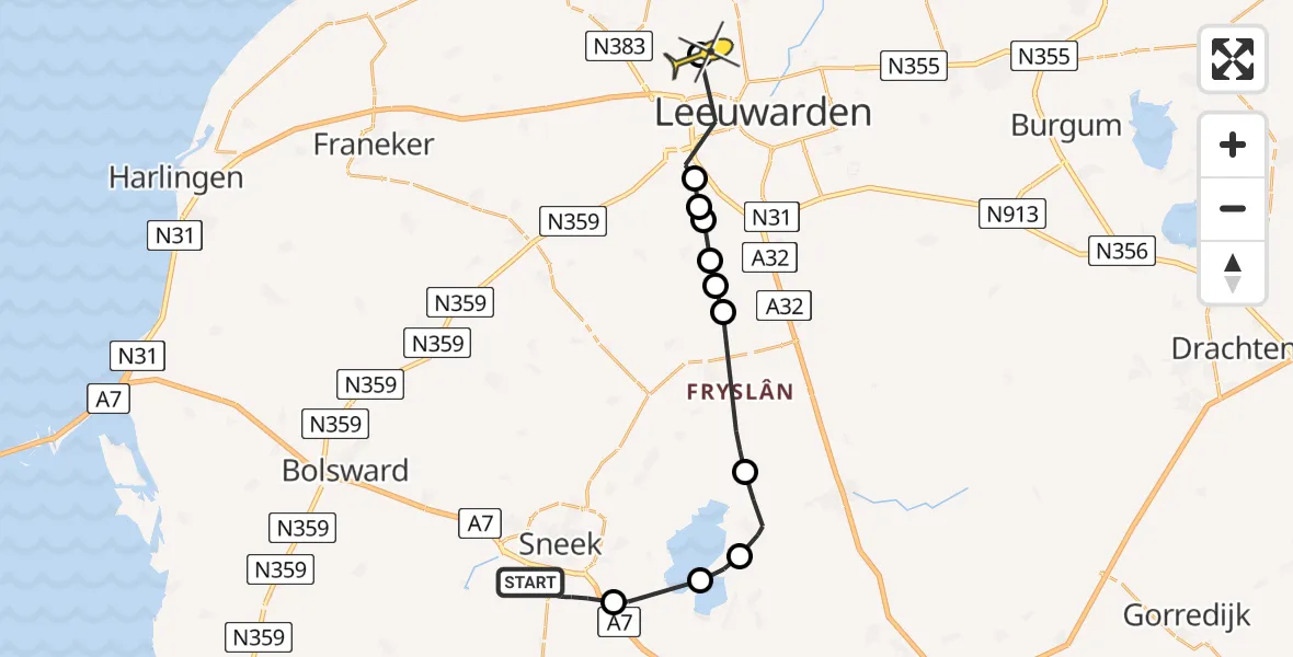 Routekaart van de vlucht: Ambulanceheli naar Vliegbasis Leeuwarden, Duinterperpad