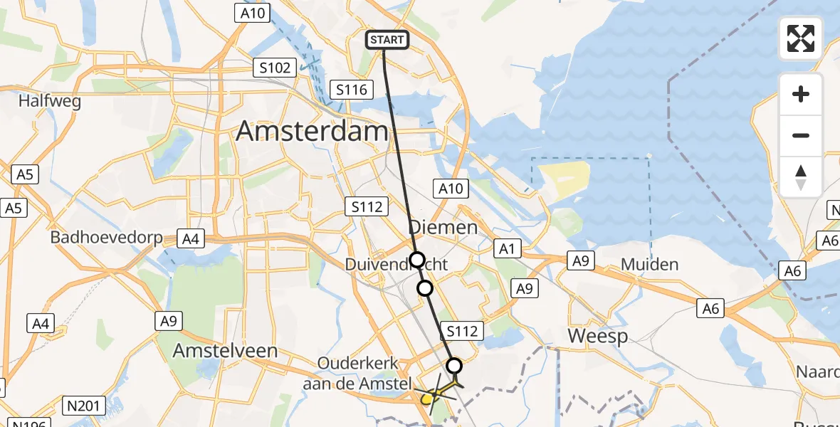 Routekaart van de vlucht: Lifeliner 1 naar Academisch Medisch Centrum (AMC), Hoekschewaardweg