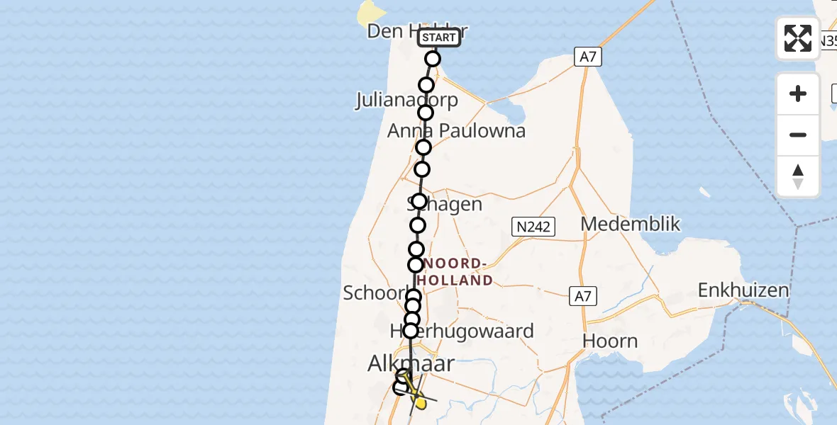 Routekaart van de vlucht: Ambulancehelikopter naar Alkmaar, Oostoeverweg