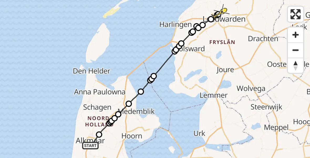 Routekaart van de vlucht: Ambulanceheli naar Vliegbasis Leeuwarden, Laanenderweg