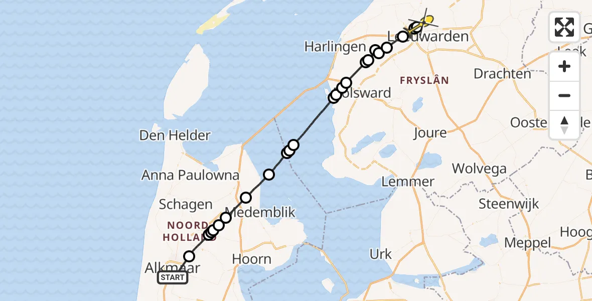 Routekaart van de vlucht: Ambulancehelikopter naar Vliegbasis Leeuwarden, Laanenderweg