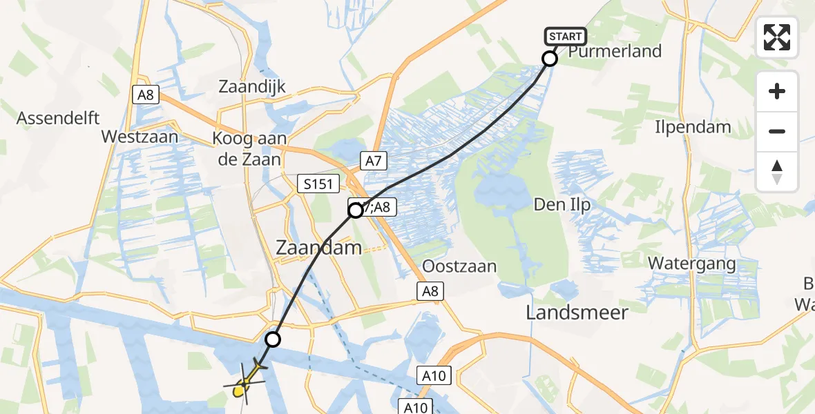 Routekaart van de vlucht: Lifeliner 1 naar Amsterdam Heliport, De Haal