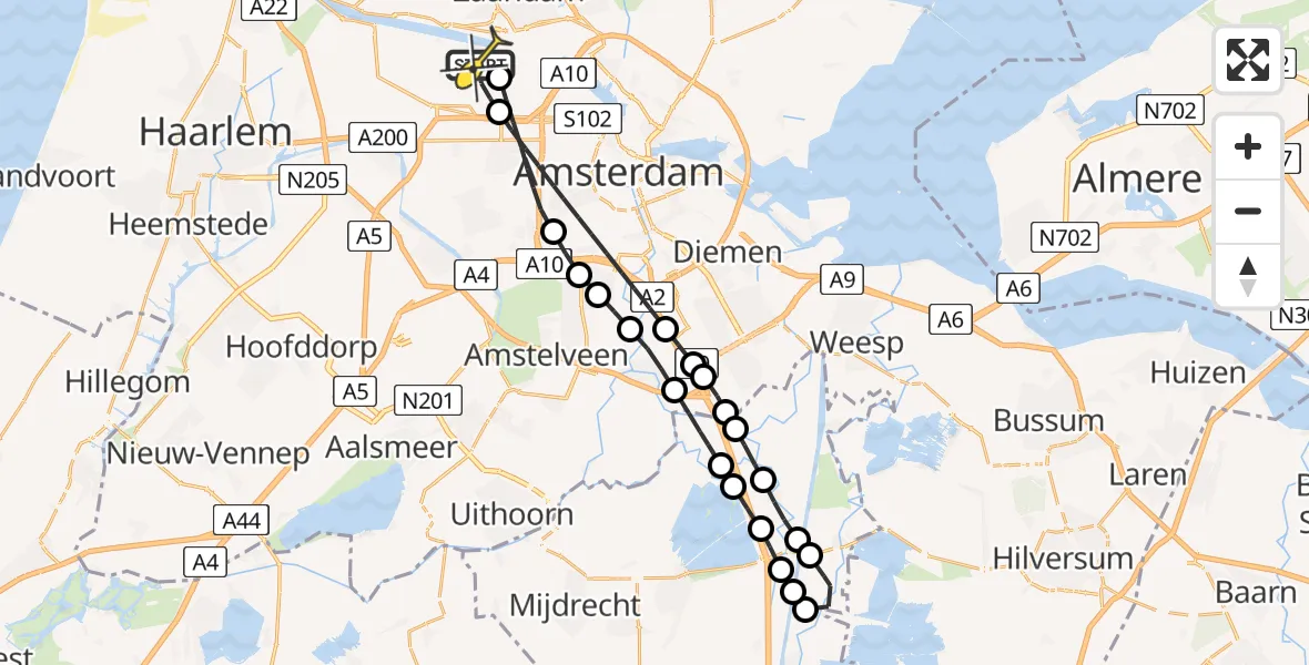 Routekaart van de vlucht: Lifeliner 1 naar Amsterdam Heliport, Corsicaweg