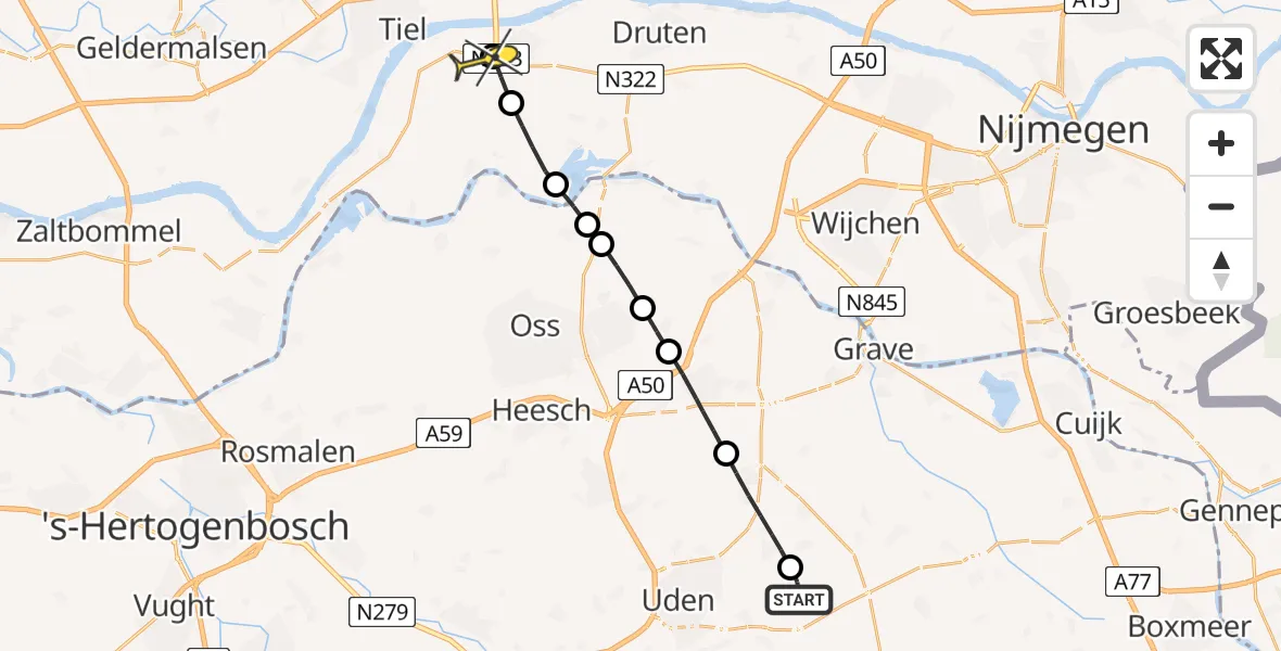 Routekaart van de vlucht: Lifeliner 3 naar Wamel, Millsebaan