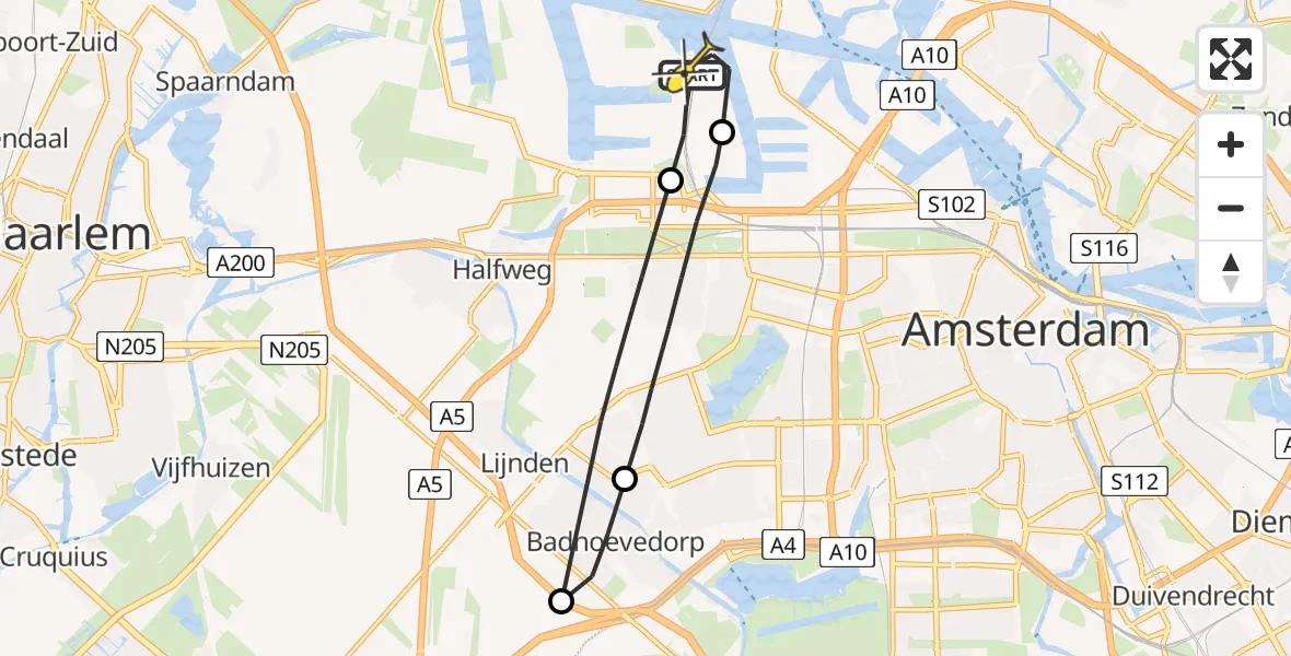 Routekaart van de vlucht: Lifeliner 1 naar Amsterdam Heliport, Nieuw-Zeelandweg