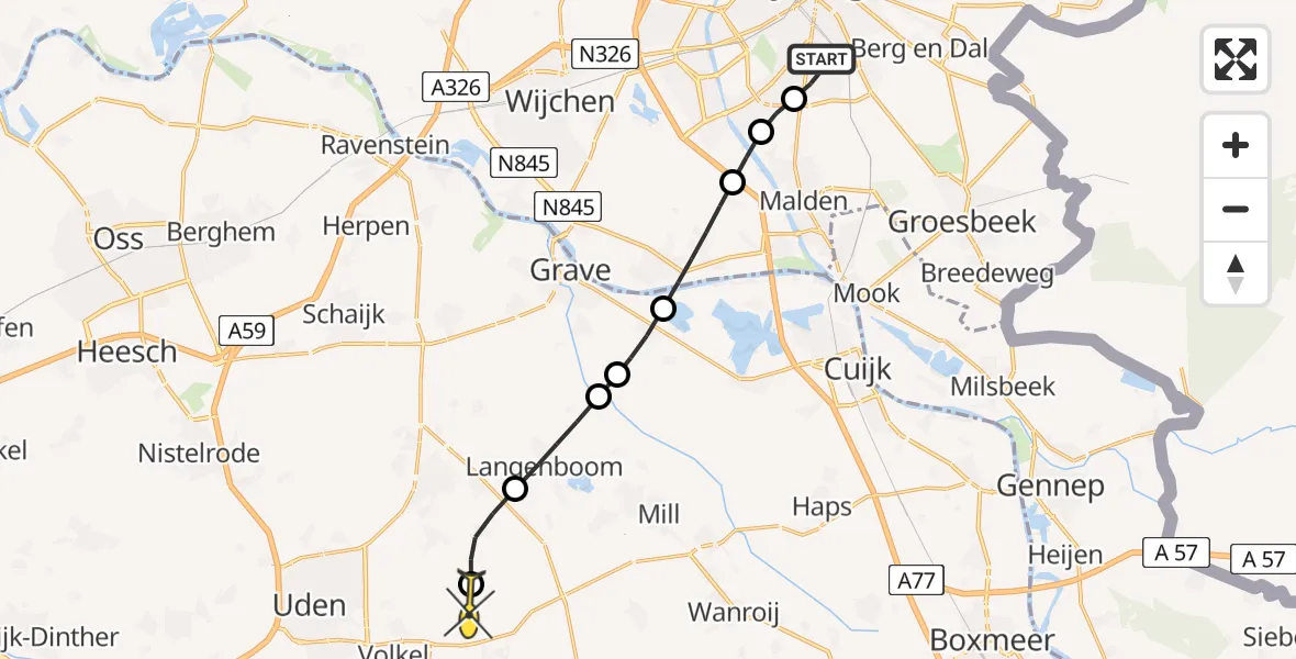 Routekaart van de vlucht: Lifeliner 3 naar Vliegbasis Volkel, Baljuwstraat